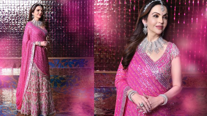 Nita Ambani arrived at her son's sangeet wearing a pink lehenga and diamonds.