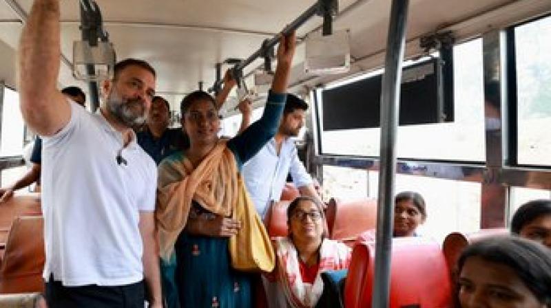 Rahul Gandhi travels by bus in Bengaluru