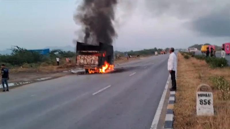 A truck full of bullet bikes suddenly caught fire, the driver burnt alive